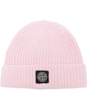 Stone Island Light Wool Knitted Beanie With Compass Patch - Pink