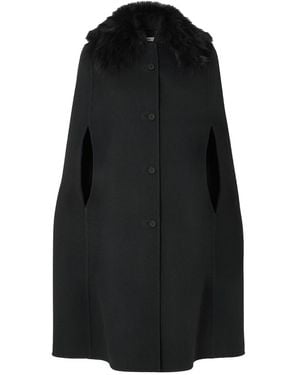 Fendi Double Wool Cape With Fur Collar - Black