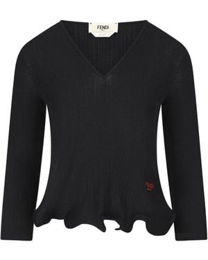 Fendi V-Neck Ribbed Top With Ruffles - Black