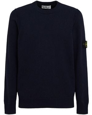 Stone Island Loose Fit Ribbed Cotton Crewneck Jumper - Blue