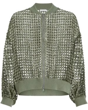 Brunello Cucinelli Dazzling Net Embroidery Cardigan In Silk And Linen - Green