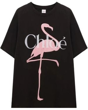 Chloé Oversized Fit Flamingo-Print Cotton Jersey T-Shirt - Black