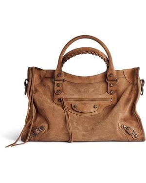 Balenciaga Le City Bag Medium In Camel Suede Calfskin - Brown