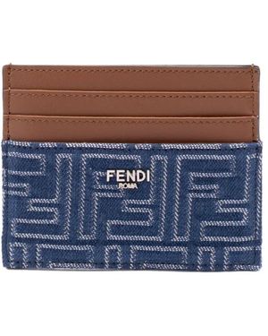 Fendi Leather And Denim-Effect Ff Jacquard Card Holder Accessories - Blue