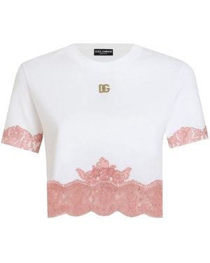 Dolce & Gabbana Cropped Jersey T-Shirt With Dg Logo And Lace Inserts - Pink