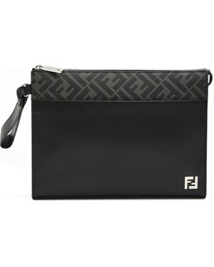 Fendi Leather And Canvas Ff Squared Clutch - Black