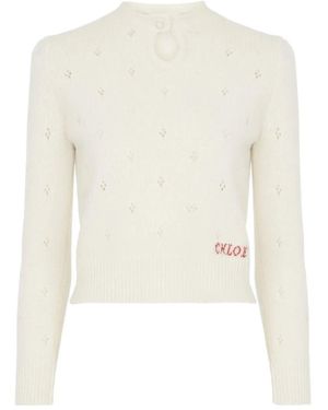Chloé Wool And Cashmere Fitted Jumper With An Openwork Motif - White