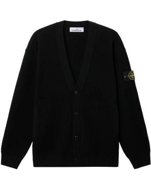 Stone Island Knit Cardigan With V-Neck And Pockets - Black