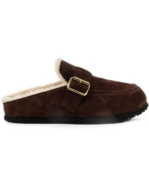 Prada Suede Clogs With Buckle And Sheepskin Lining - Brown