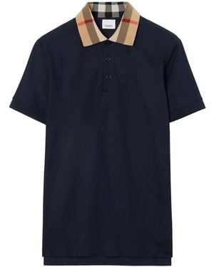 Burberry Slim Fit Check Collar Cotton Polo Shirt - Blue