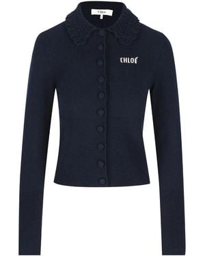 Chloé Wool Cardigan With Buttons And Logo - Blue