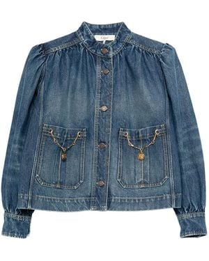 Chloé Ruffled High Collar Denim Jacket - Blue
