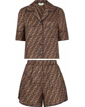Fendi Two-Piece Ff Motif Silk Pajamas - Brown