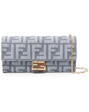 Fendi Denim-effect Ff Jacquard Baguette Continental Wallet With Chain - Grey