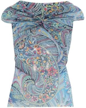 Etro Semi-Sheer Straight Neck Patterned Top - Blue