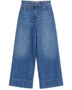 Valentino Garavani Wide Leg Denim Trousers With V - Blue