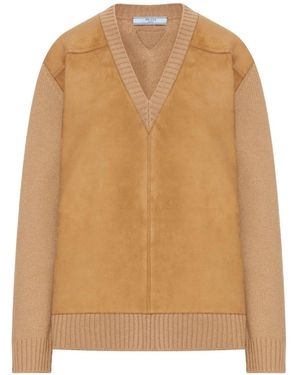 Prada Suede-Panel V-Neck Wool Sweater - Natural