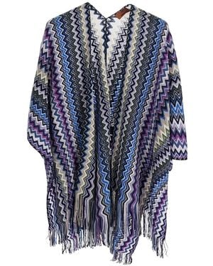 Missoni Zig-Zag Knit Poncho With Fringes - Blue