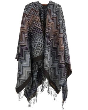 Missoni Zig-Zag Wool Poncho With Fringes - Gray