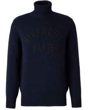 Givenchy Turtleneck Sweater In Cotton With Paris Embroidery - Blue