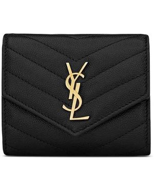 Saint Laurent Cassandre Matelassé Tri-fold Wallet In Grain De Poudre L - Black
