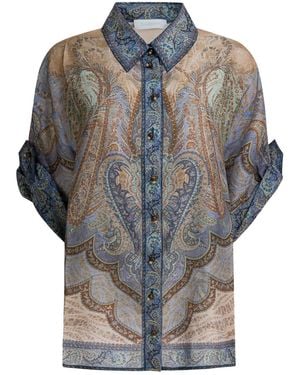 Zimmermann Wanderlust Short-Sleeved Silk Shirt - Grey