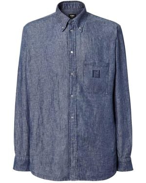 Fendi Comfort Fit Shirt In Cotton Chambray With Ff Embroidery - Blue