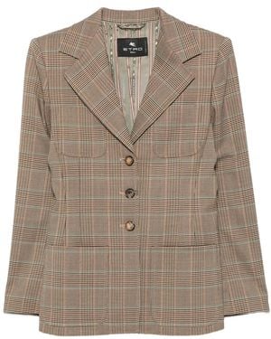 Etro Single-Breasted Check Pattern Wool Blend Jacket - Brown