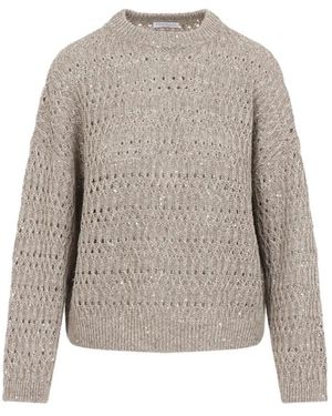 Brunello Cucinelli Open-knit Linen Blend Jumper With Sequins - Grey