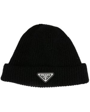 Prada Ribbed Logo-plaque Beanie - Black