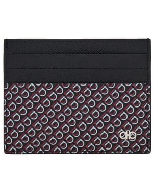 Ferragamo Micro Gancio-Print Hammered Leather Card Holder - Black