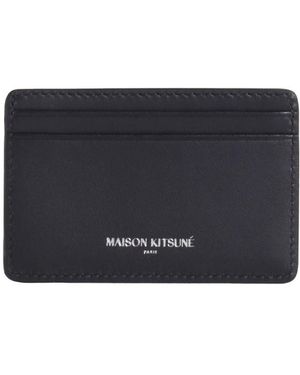 Maison Kitsuné Grained Leather Cardholder With Embossed Logo - Grey