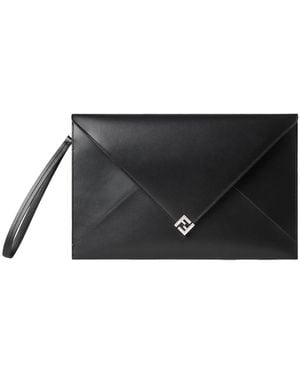 Fendi Large Ff Squared Leather Flat Pouch - Black
