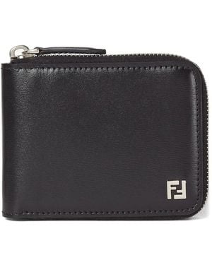 Fendi Leather Compact Wallet With Zip And Ff Logo - Black