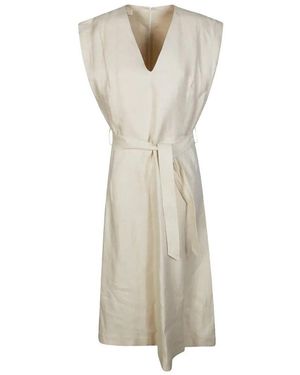 Incotex Lia Midi Dress With V-Neck And Belt - Natural