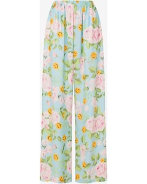 Moschino Silk Satin Pants Smiley & Roses - White