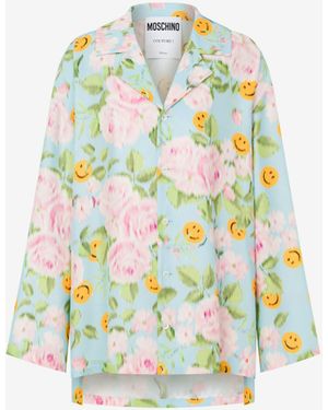 Moschino Silk Satin Shirt Smiley & Roses - Bianco