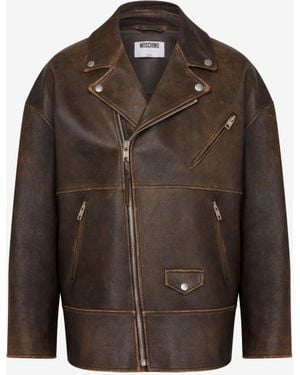 Moschino Nappa Leather Biker Jacket Smiley - Brown
