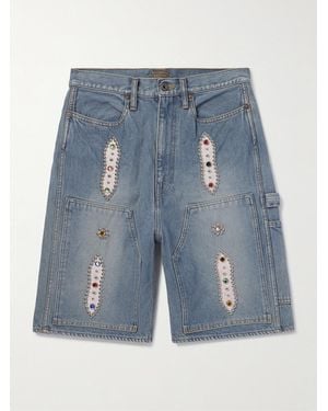 Kapital Straight-Leg Leather-Trimmed Embellished Denim Shorts - Blue