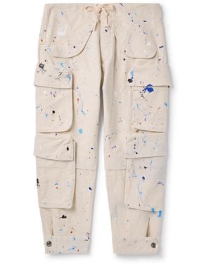 Greg Lauren Tapered Cropped Paint-Splattered Cotton-Canvas Drawstring Cargo Pants - Natural