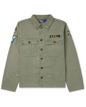 Polo Ralph Lauren Appliquéd Distressed Herringbone Cotton Overshirt - Green