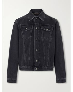 Canali Leather-Trimmed Denim Jacket - Blue