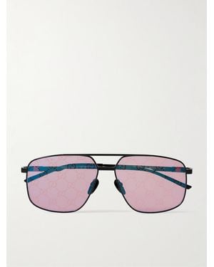 Gucci Navigator Aviator-Style Logo-Print Metal Sunglasses - Black