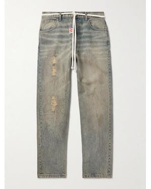 RRR123 Fathers Way Slim-Fit Straight-Leg Belted Distressed Printed Jeans - Grey
