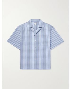 Bottega Veneta Camp-collar Logo-embroidered Checked Cotton And Silk-blend Shirt - Blue