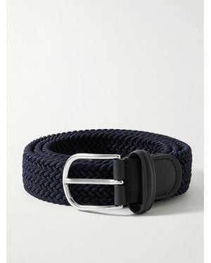 Anderson's 3.5cm Leather-trimmed Woven Elastic Belt - Black