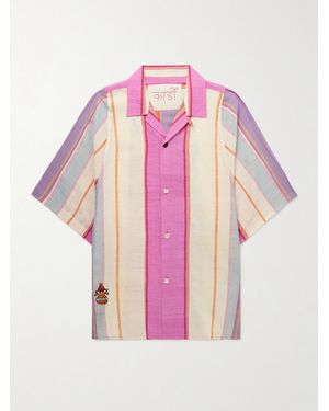 Kardo Yusuke Convertible-collar Embroidered Striped Silk Shirt - Pink