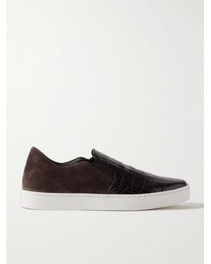 Manolo Blahnik Nadores Suede And Croc-Effect Leather Slip-On Trainers - Brown