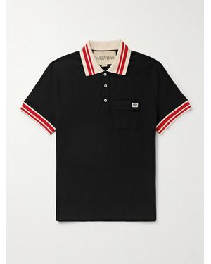 Valentino Garavani Logo-Appliquéd Striped Cotton-Piqué Polo Shirt - Black