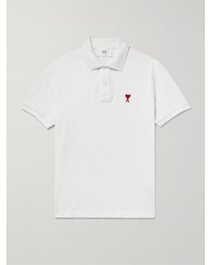 Ami Paris Logo-Embroidered Organic Cotton-Piqué Polo Shirt - White